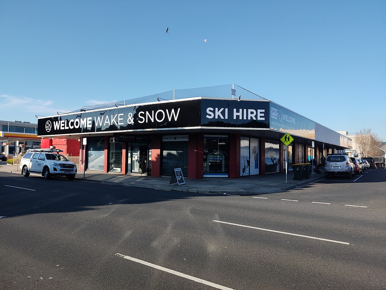 Welcome Wake & Snow store front with ski hire sign