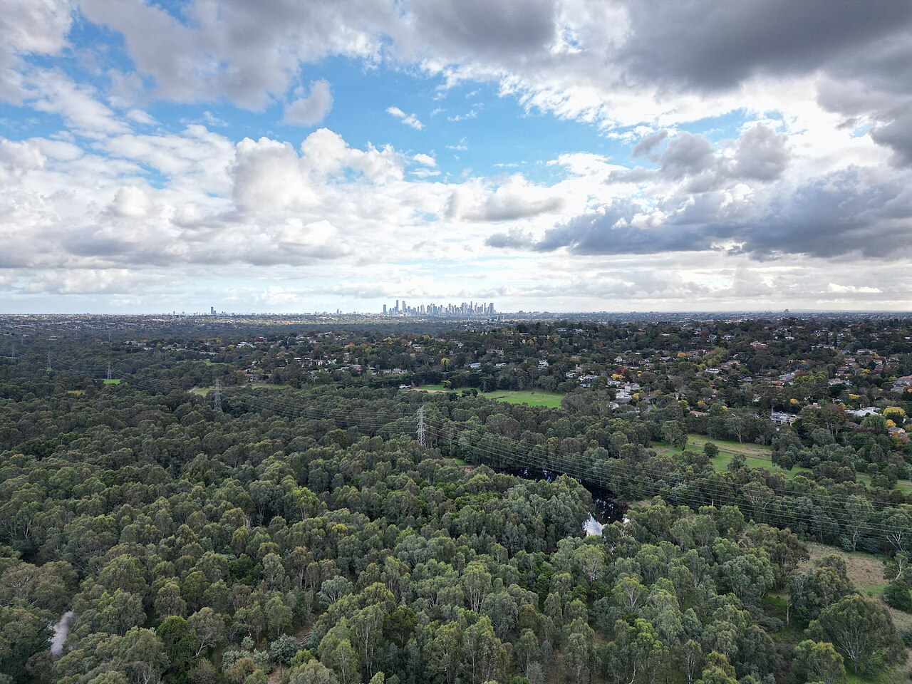 Aerial view over Yarra Flats Park towards the Melbourne skyline
