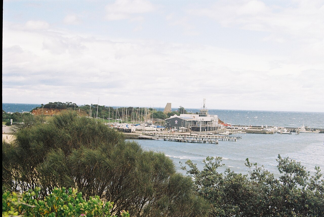 Mornington Harbour with the yacht club and pier seen from the foreshore, Mornington, Victoria